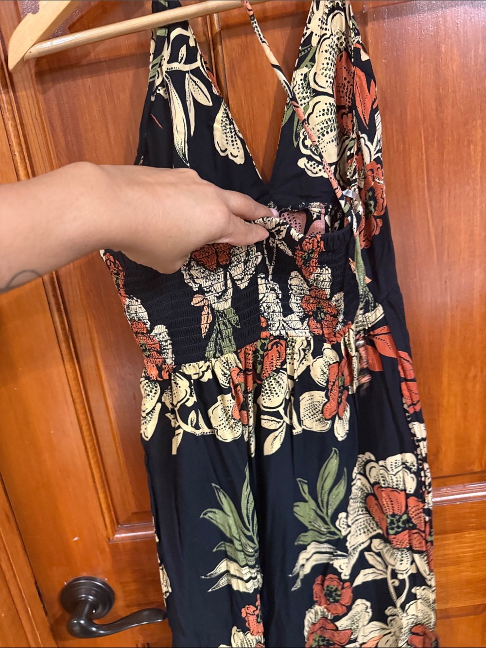 Floral V-Neck Halter Maxi jumpsuit  in Black and Rust - Picture 5 of 10